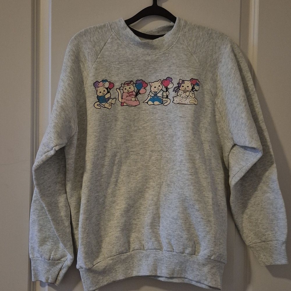Vintage Fruit of the Loom Women Cats With Heart Balloons Grey Sweatshirt M. - Picture 3 of 9